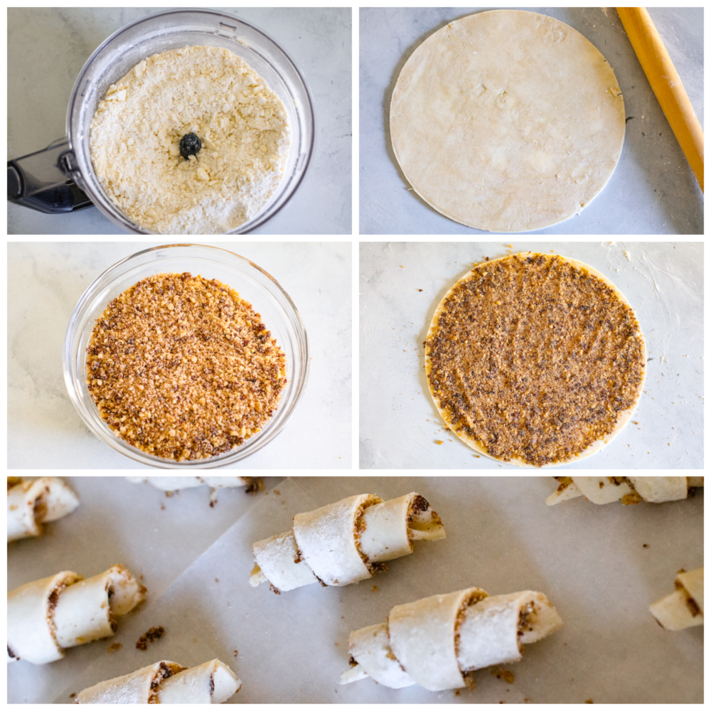 First photo is the dough mixed in a food processor. Second photo of the dough rolled out. Third photo of the filling mixture in a glass bowl. Fourth photo of the filling spread out on the rolled out dough. Fifth photo of the cookies rolled into crescent shapes.