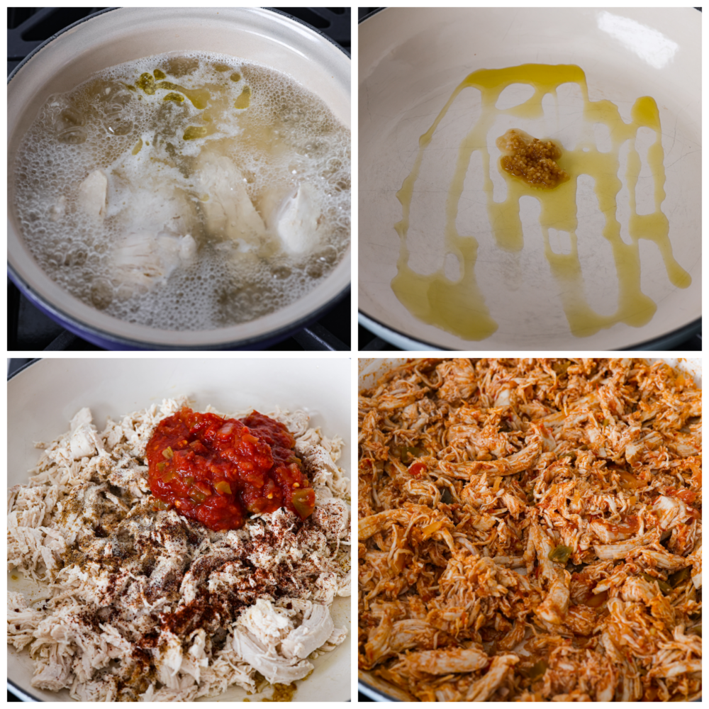 Process photos showing chicken boiling in a pot, oil and seasonings in a pan, then chicken and additional seasonings being added to it, then the chicken done cooking in the pan.