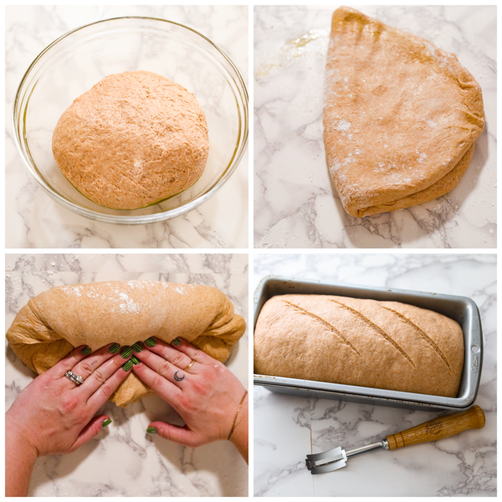 Process photos showing dough rising in a bowl, dough folded in half, dough being kneaded by hands, and dough risen and scored in a bread pan.