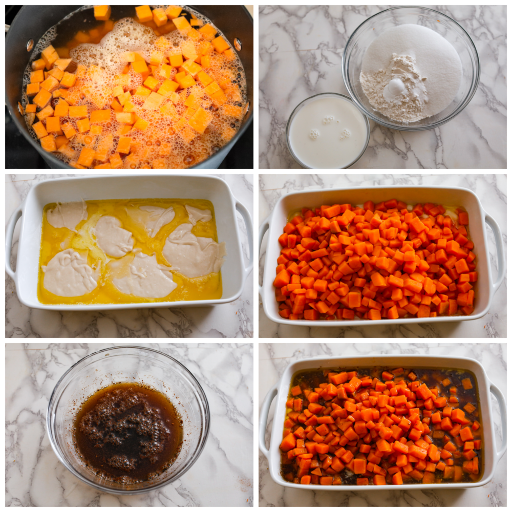 6-photo collage of dough and filling being prepared, then added to a baking dish.