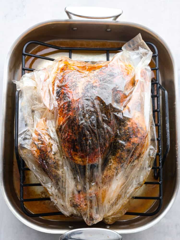 Top view of the roasted turkey sitting in the pan.