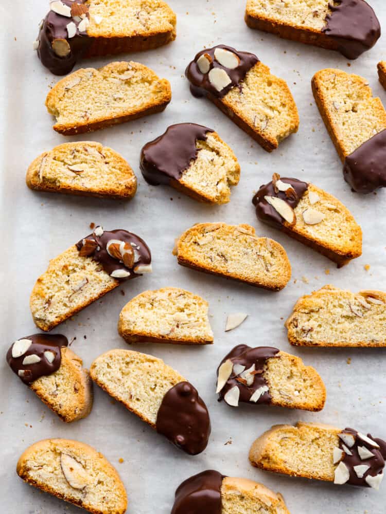 Finished classic biscotti sitting on parchment paper.