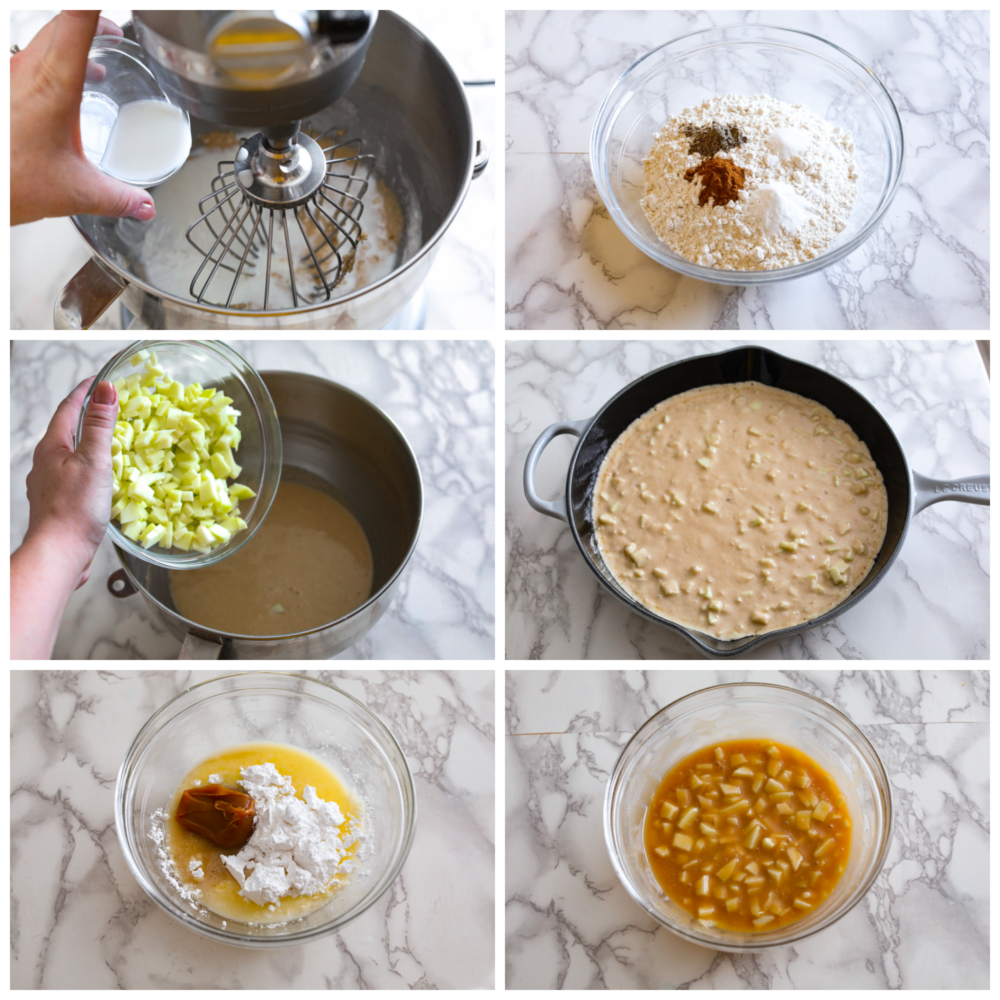 6-photo collage of batter and topping being prepared.