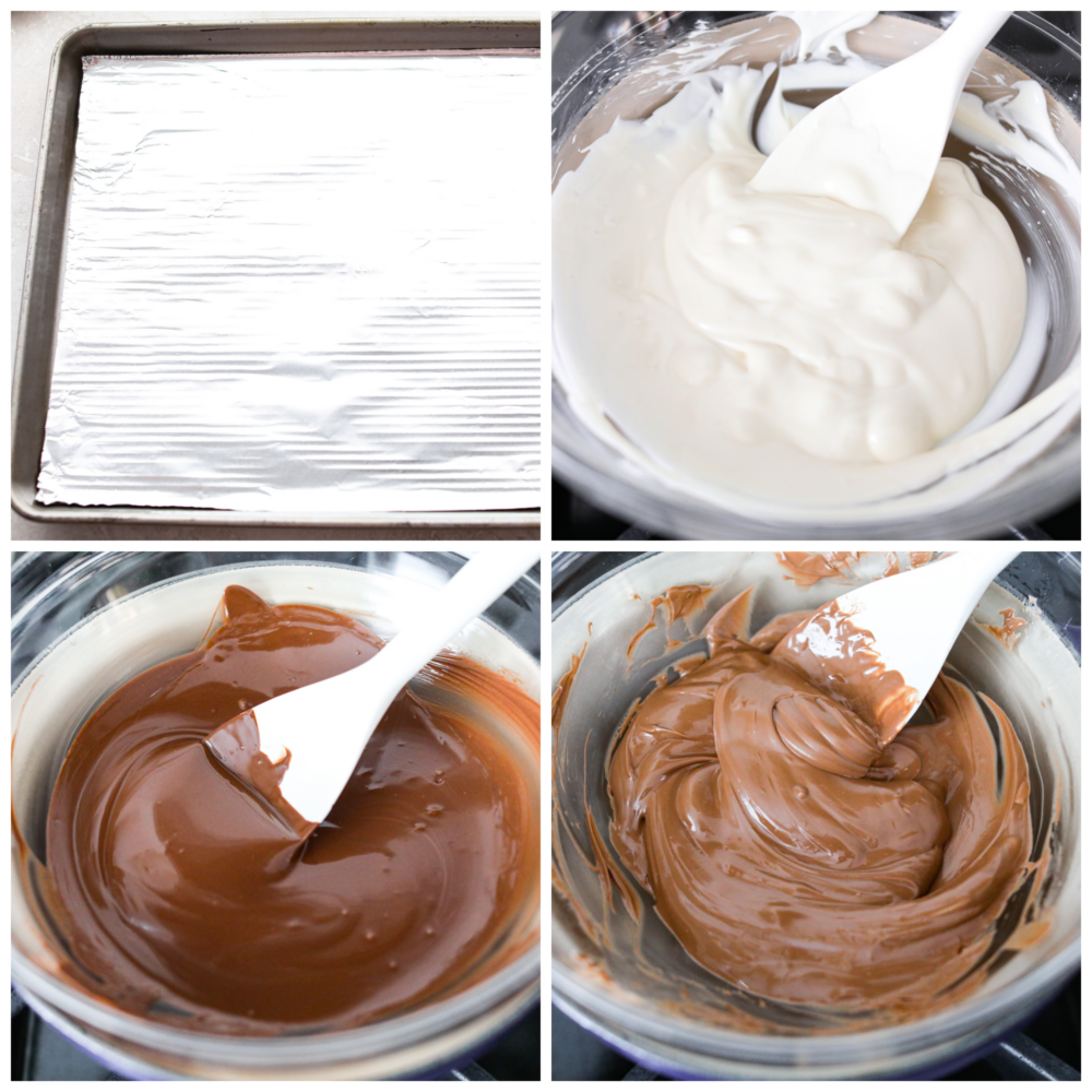 4 bowls showing how to melt chocolate and line a baking sheet with foil. 