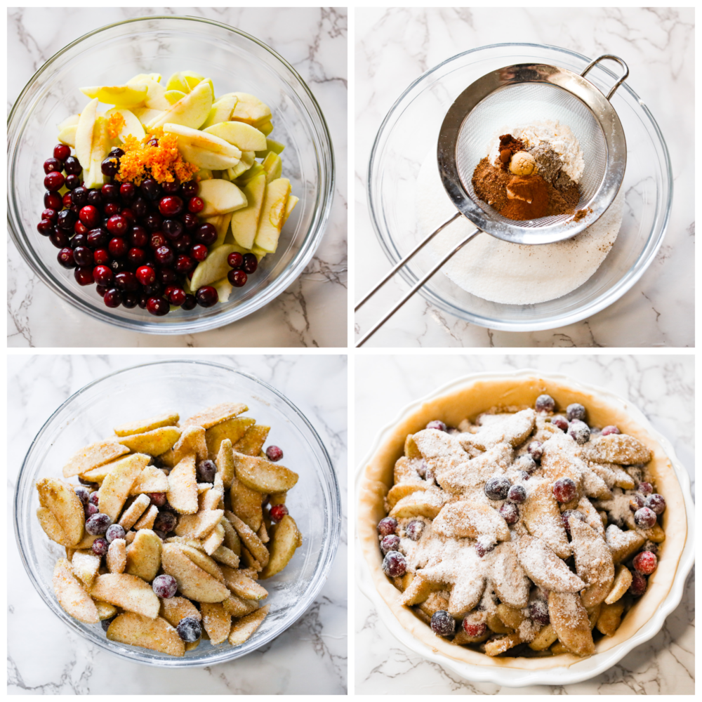 4-photo collage of pie filling being mixed together and added to a pie crust.