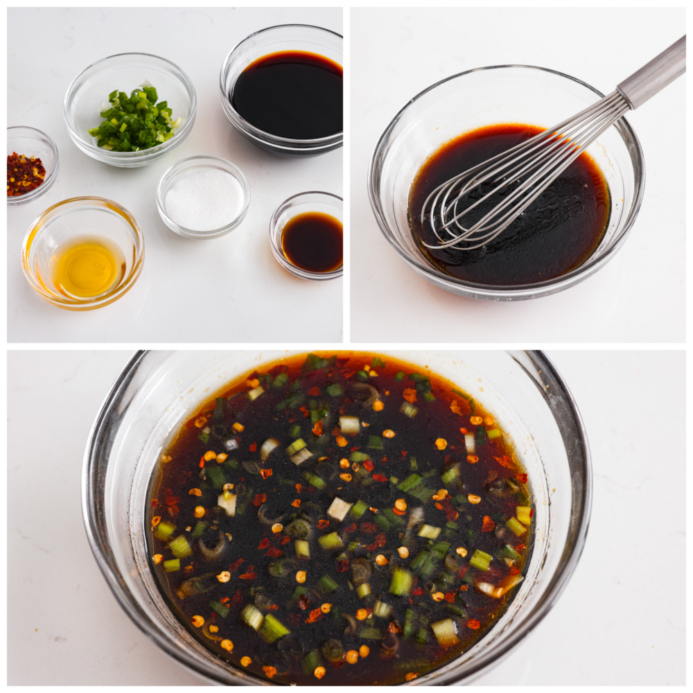 First photo of ingredients in separate bowls. Second photo of the sauce whisked together in a clear bowl. Third photo of the sauce in a bowl with onions and red pepper flakes garnished on top.