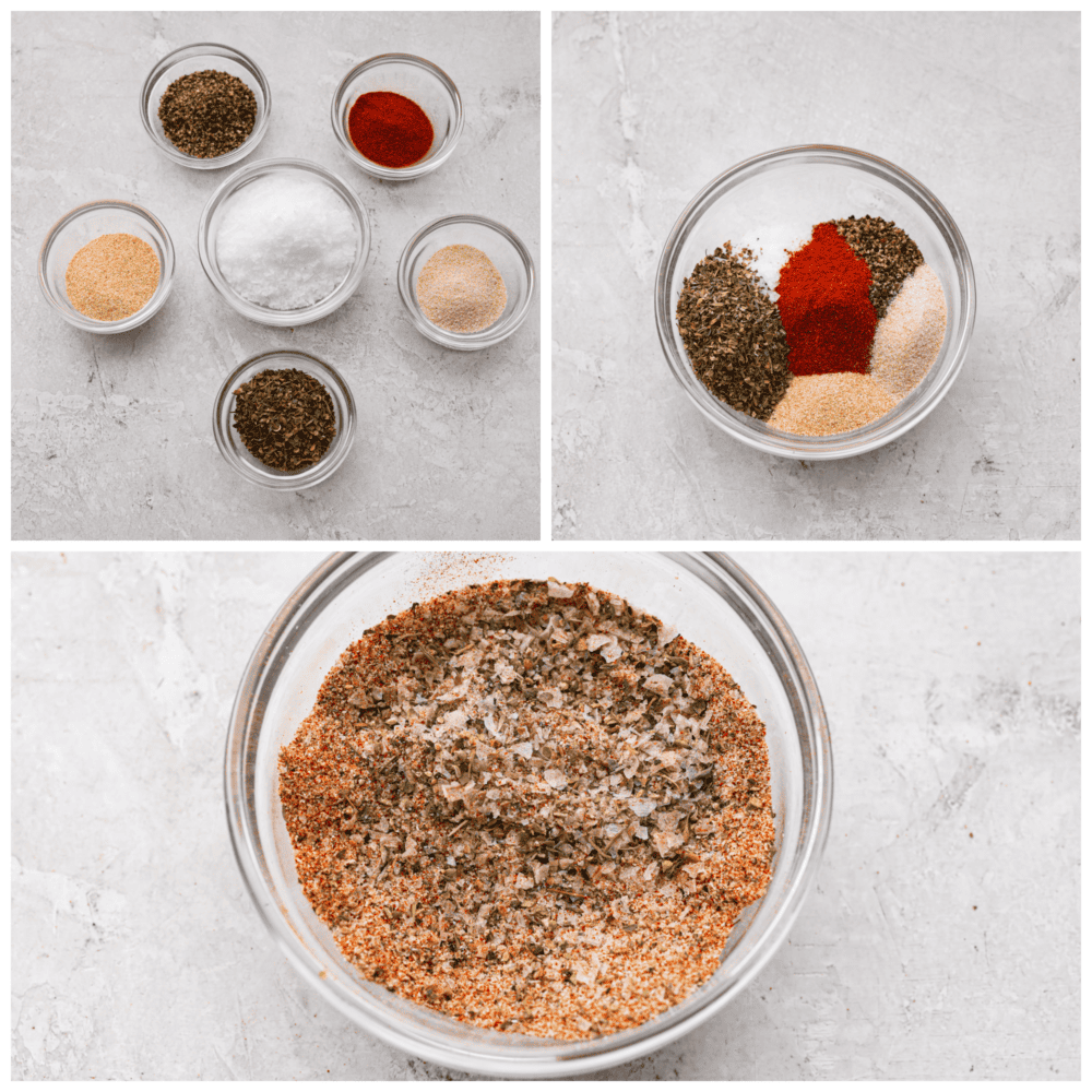 Process photos showing all of the seasonings in different bowls, then together in one bowl, then all mixed together.