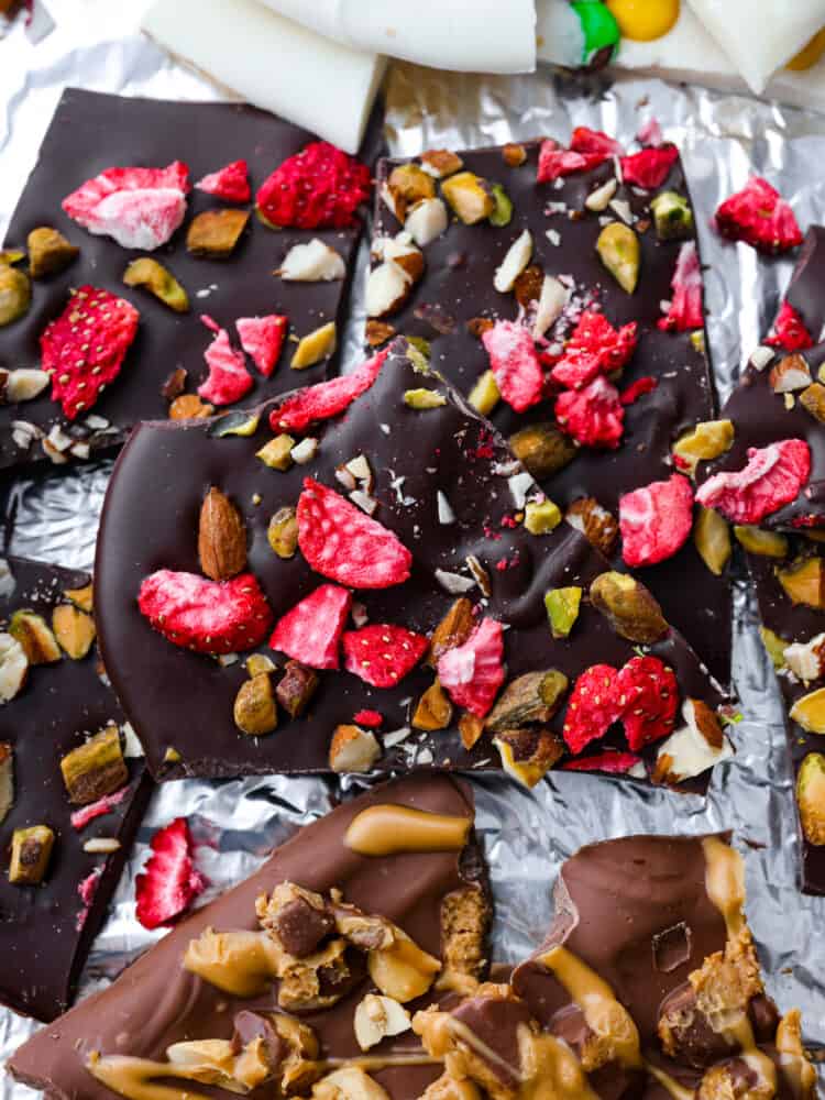 A closeup of dark chocolate bark. 