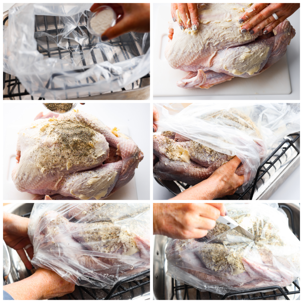 First photo of adding flour to the  bag. Second photo of rubbing butter. Third photo of adding seasoning. Fourth photo of placing the bird in the bag. Fifth photo is tying the bag.  Sixth photo of cutting slits.