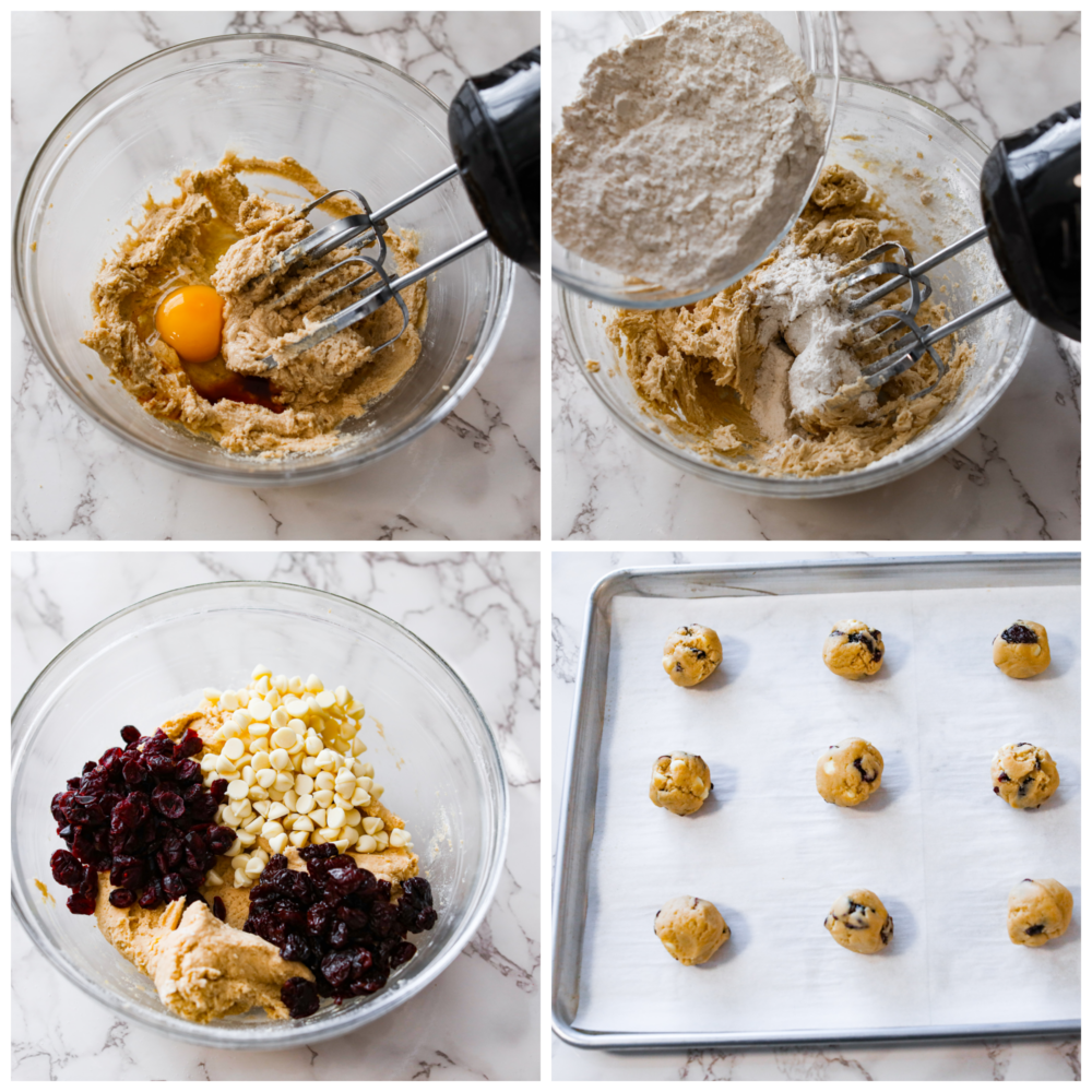 4 pictures showing how to make the cooking dough and scoop it onto a baking sheet. 