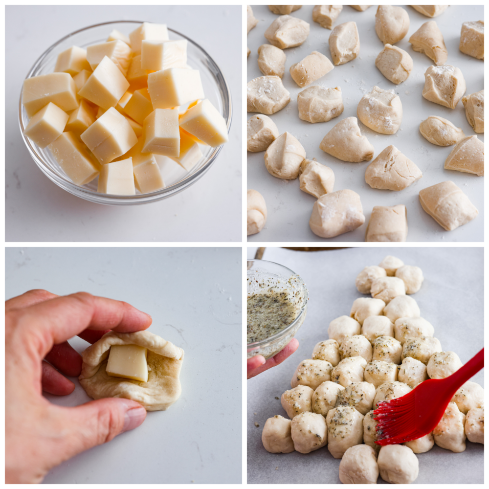 Process photos showing all of the cheese cut up, all of the dough cut up, the cheese folded inside of the dough, and then the Christmas tree being brushed with butter