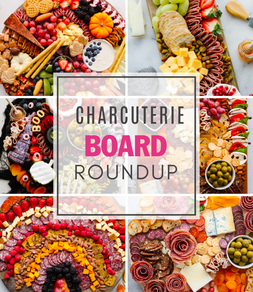 A collage of 6 pictures of charcuterie boards with the words "Charcuterie Board Roundup" in the center. 