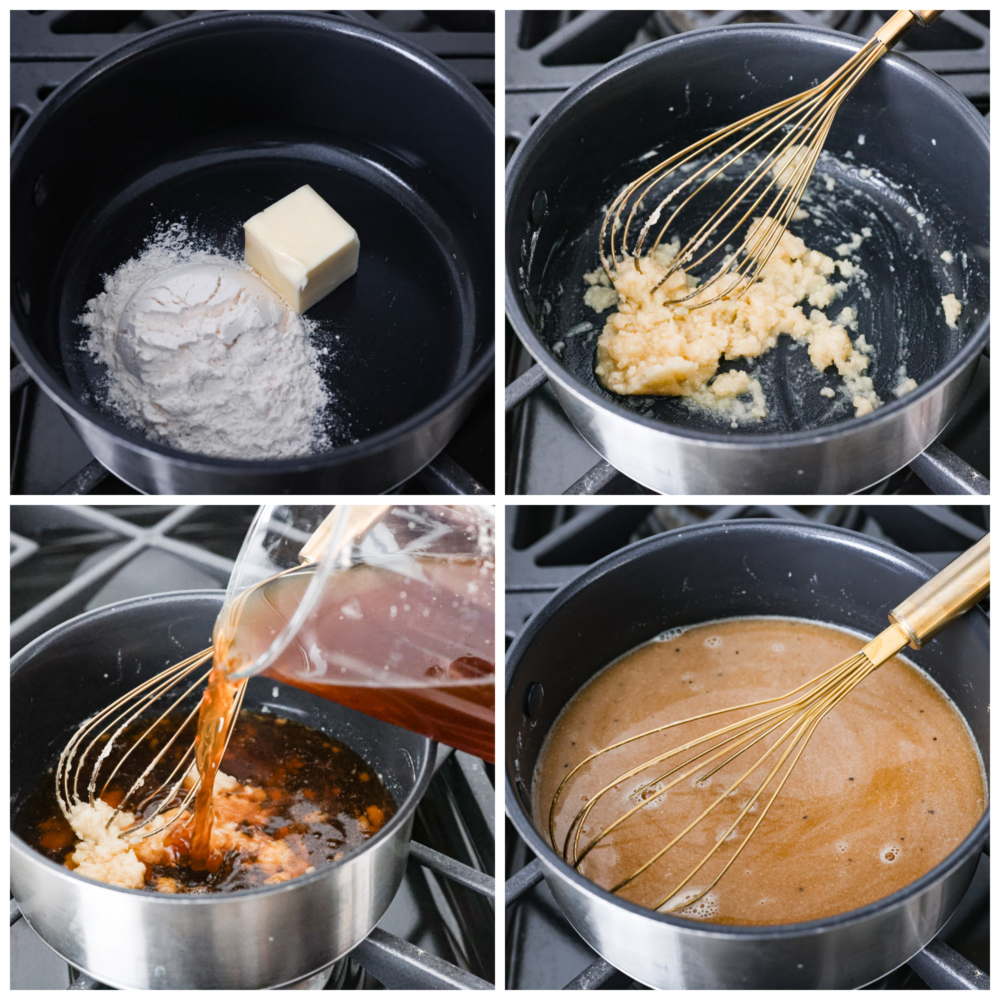 Process photos showing the butter and flour in a pot turned into a roux, then the other ingredients all mixed together.