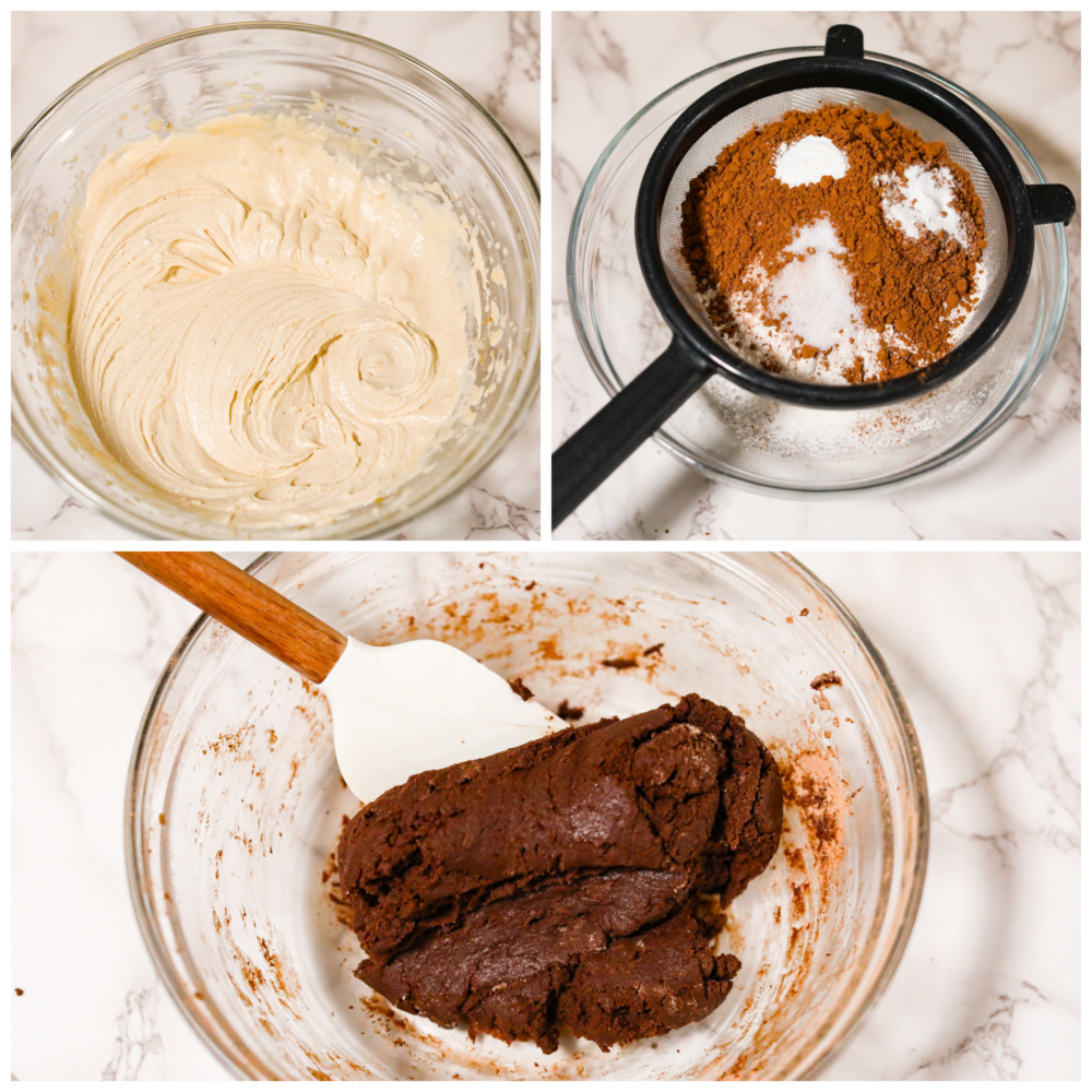 First photo with browned butter, cream cheese, sugar, and egg mixed. Second photo of dry ingredients being sifted. Third photo of the dough combined and ready to roll.