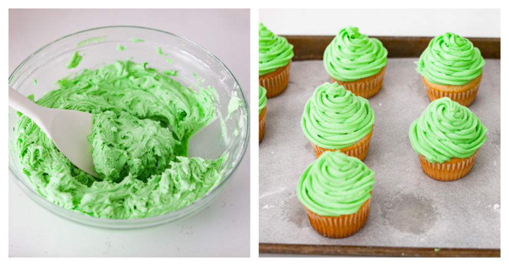 Buttercream frosting being prepared and added to the cupcakes.