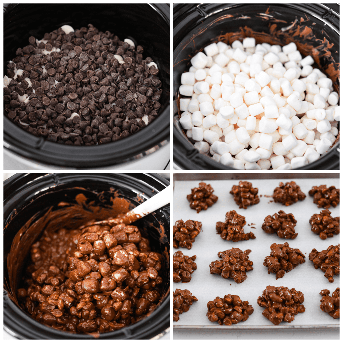 Process photos showing all of the ingredients being added to the crockpot, then melted, then dropped onto a parchment paper.