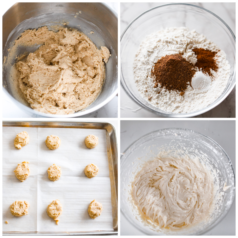 4-photo collage of cookie dough being prepared and added to a baking sheet.