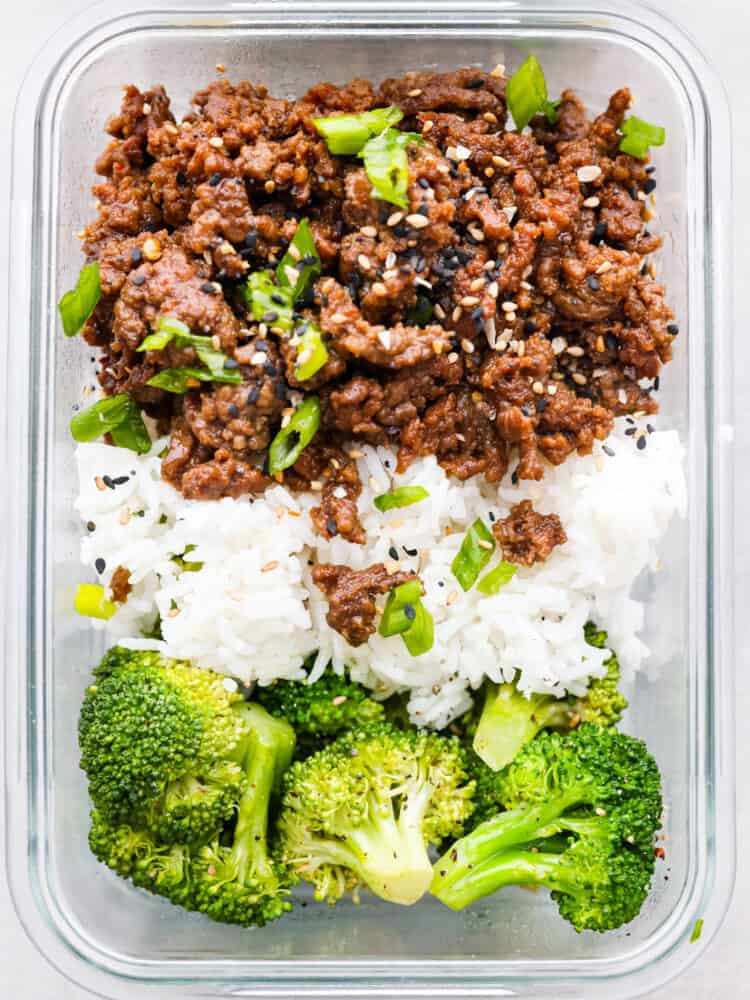 Closeup of a Korean beef meal prep bowl.