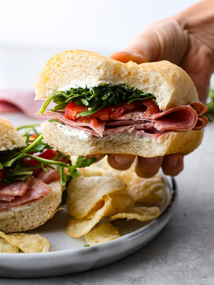 A hand holding a salami sandwich with a bite taken out of it.