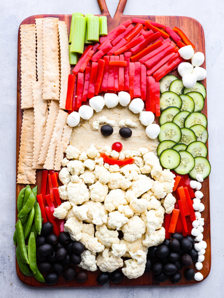 Top-down view of a complete Santa veggie tray.