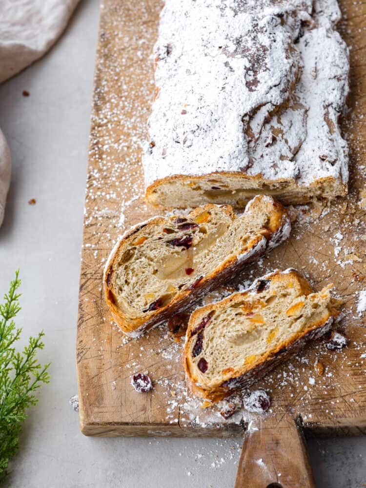 Top-down view of stollen, sliced into 2 pieces.