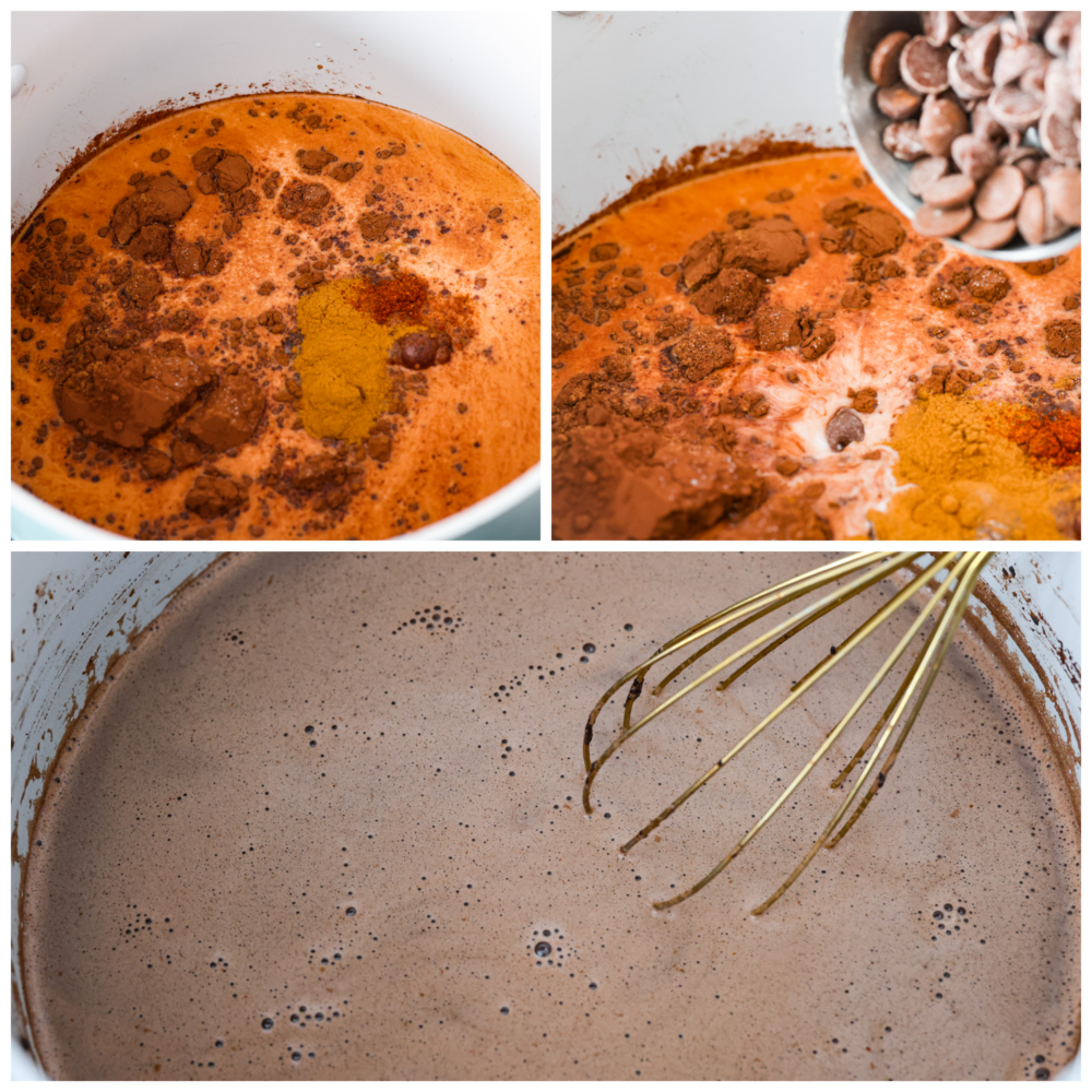 Hot chocolate ingredients being added to a pot and mixed together.