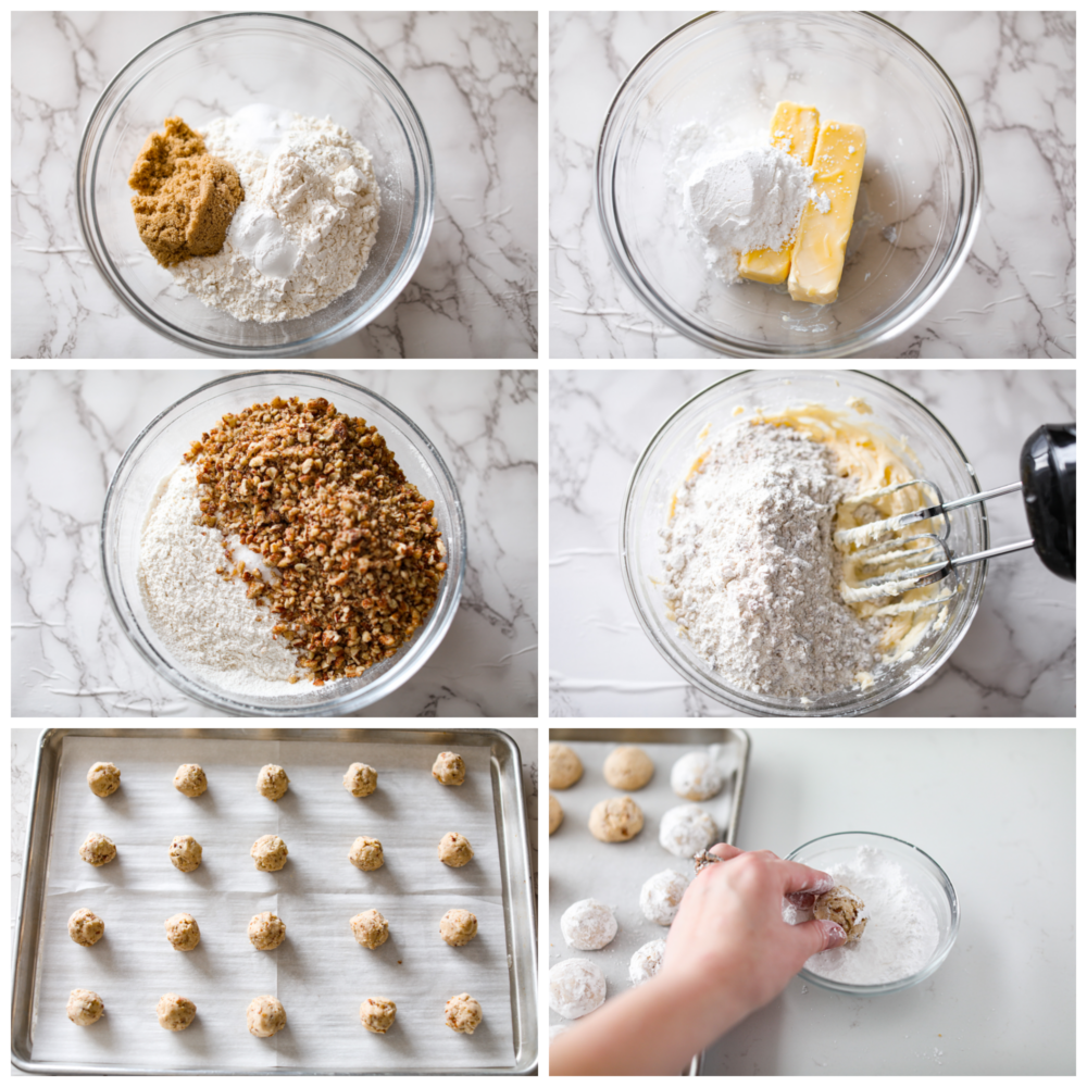 Process photos showing how to make the dough, shaping it, and then rolling them in powdered sugar.