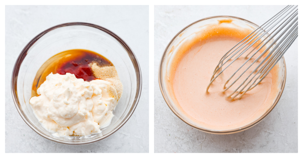 Collage of sauce ingredients being mixed together.