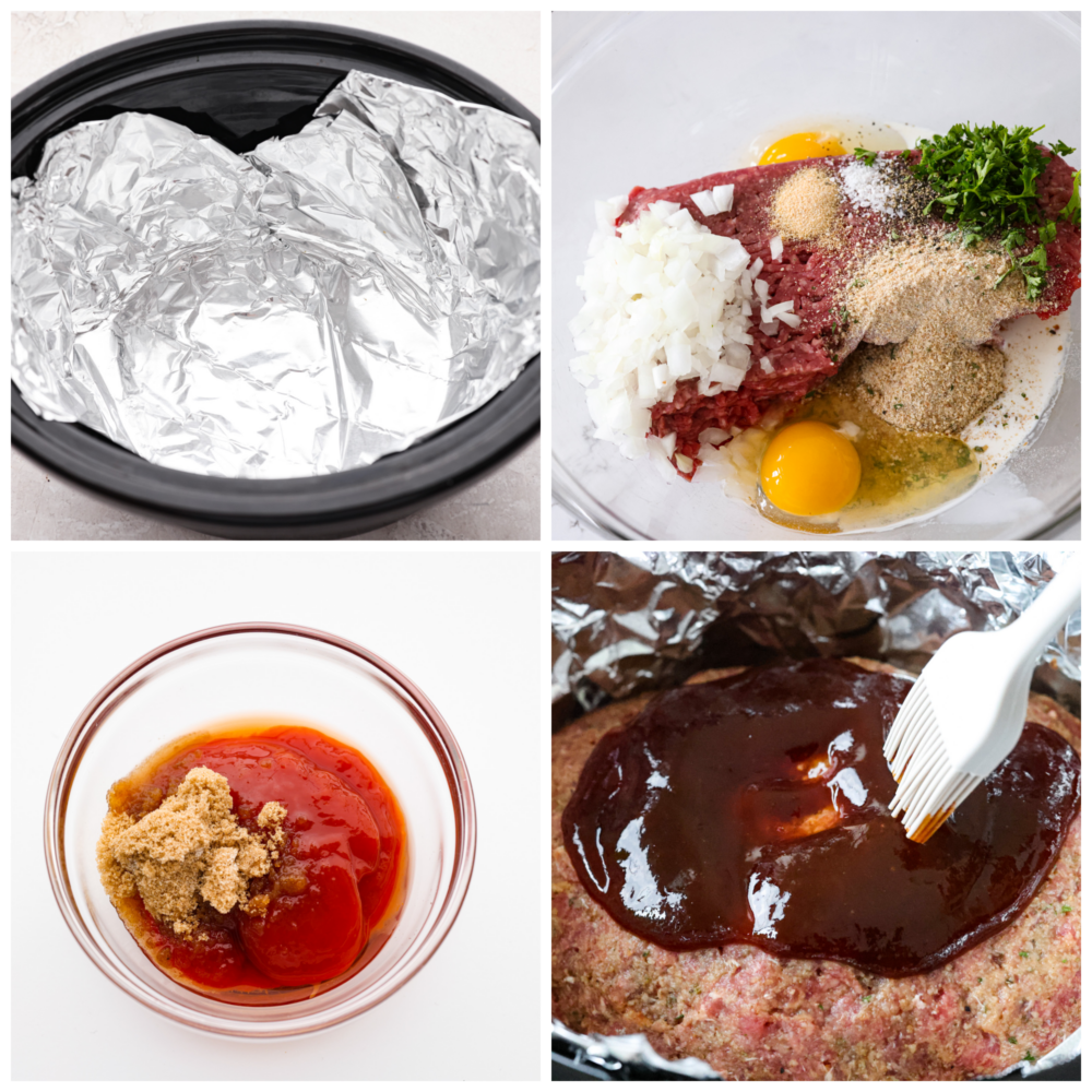 4-photo collage of meat mince and glaze being prepared.