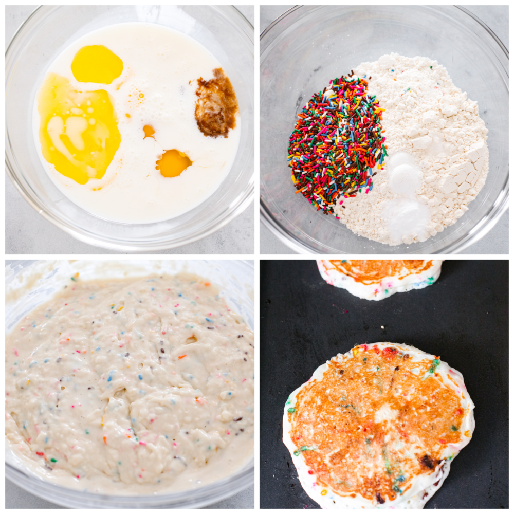 Process photos showing the batter being mixed together and then a pancake cooking on the griddle.