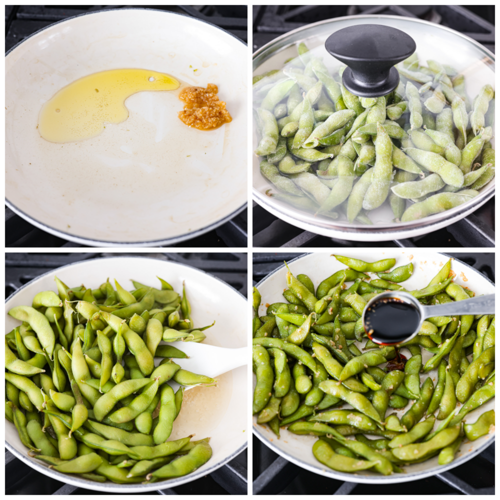 Edamame being cooked in a skillet with garlic and soy sauce.