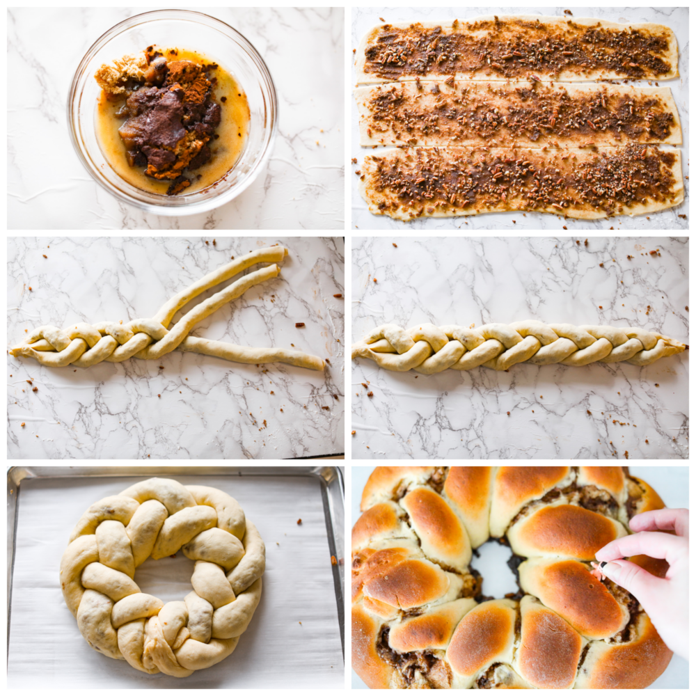 Process of king cake dough strips being braided together.