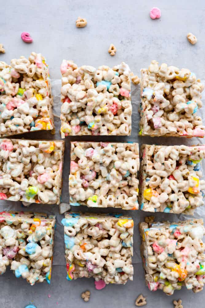 An overhead view of the lucky charms treats.