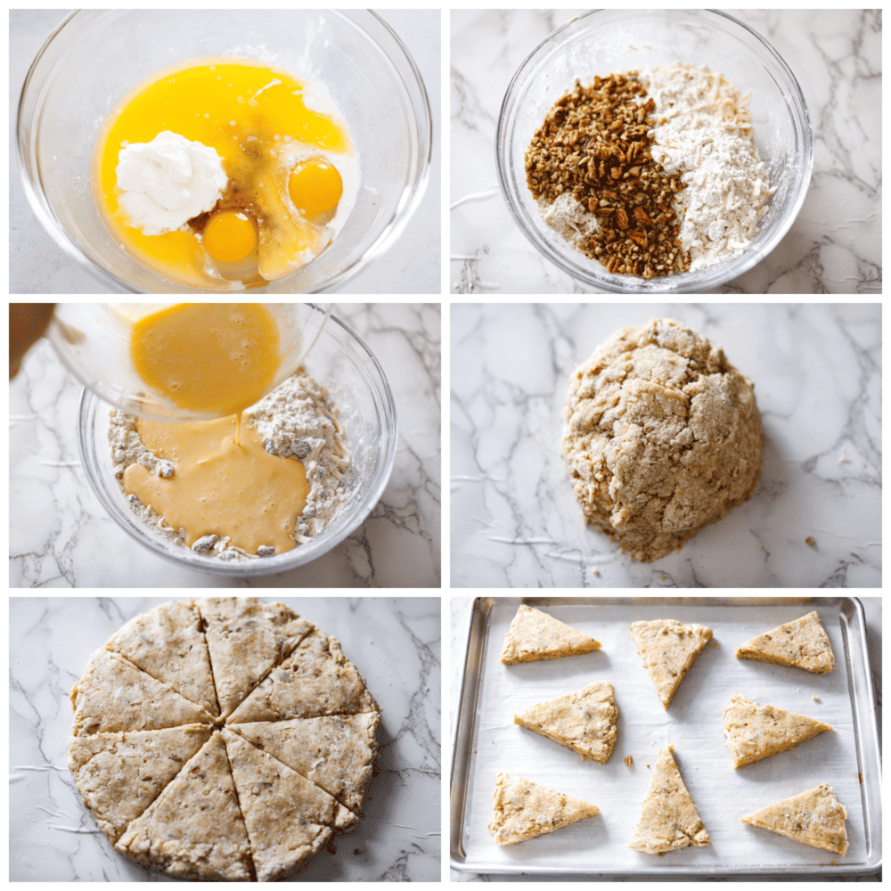 Process photos showing the wet ingredients mixed, then added to the dry, mixed into a dough, and cut into wedges.