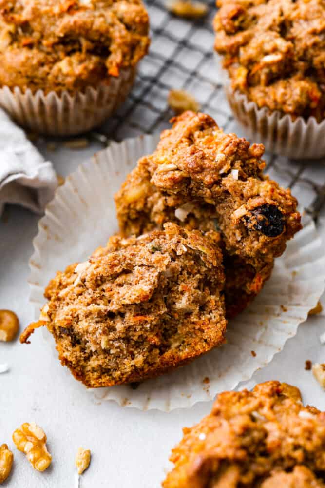 A muffin cut in half to show the insides.