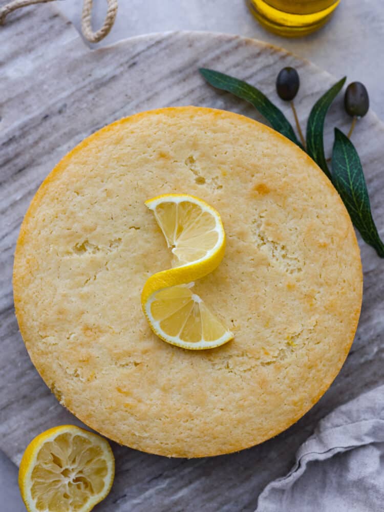 Top-down view of a whole olive oil cake.