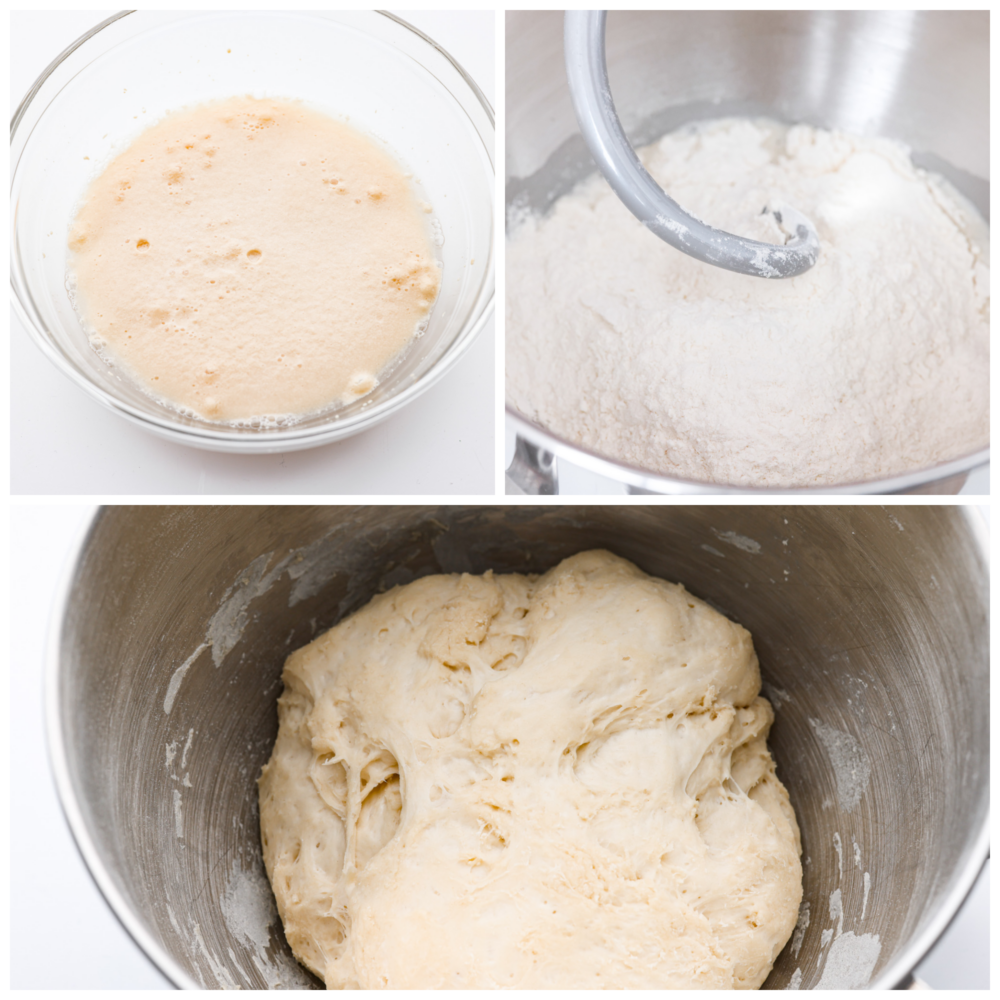 3-photo collage of dough ingredients being mixed together.