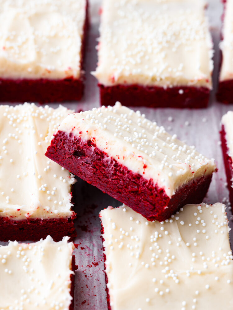 Closeup of red velvet cookie bars.