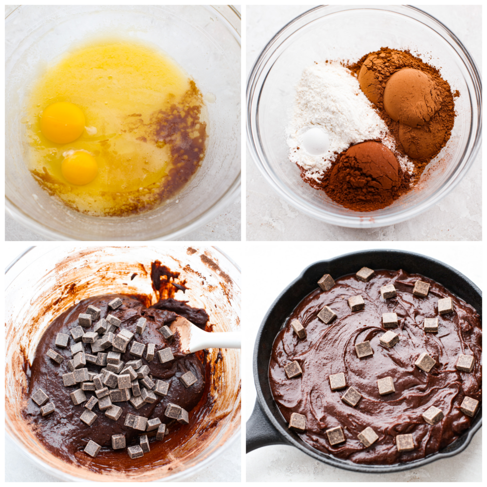 Brownie batter being prepared and added to a cast iron skillet.