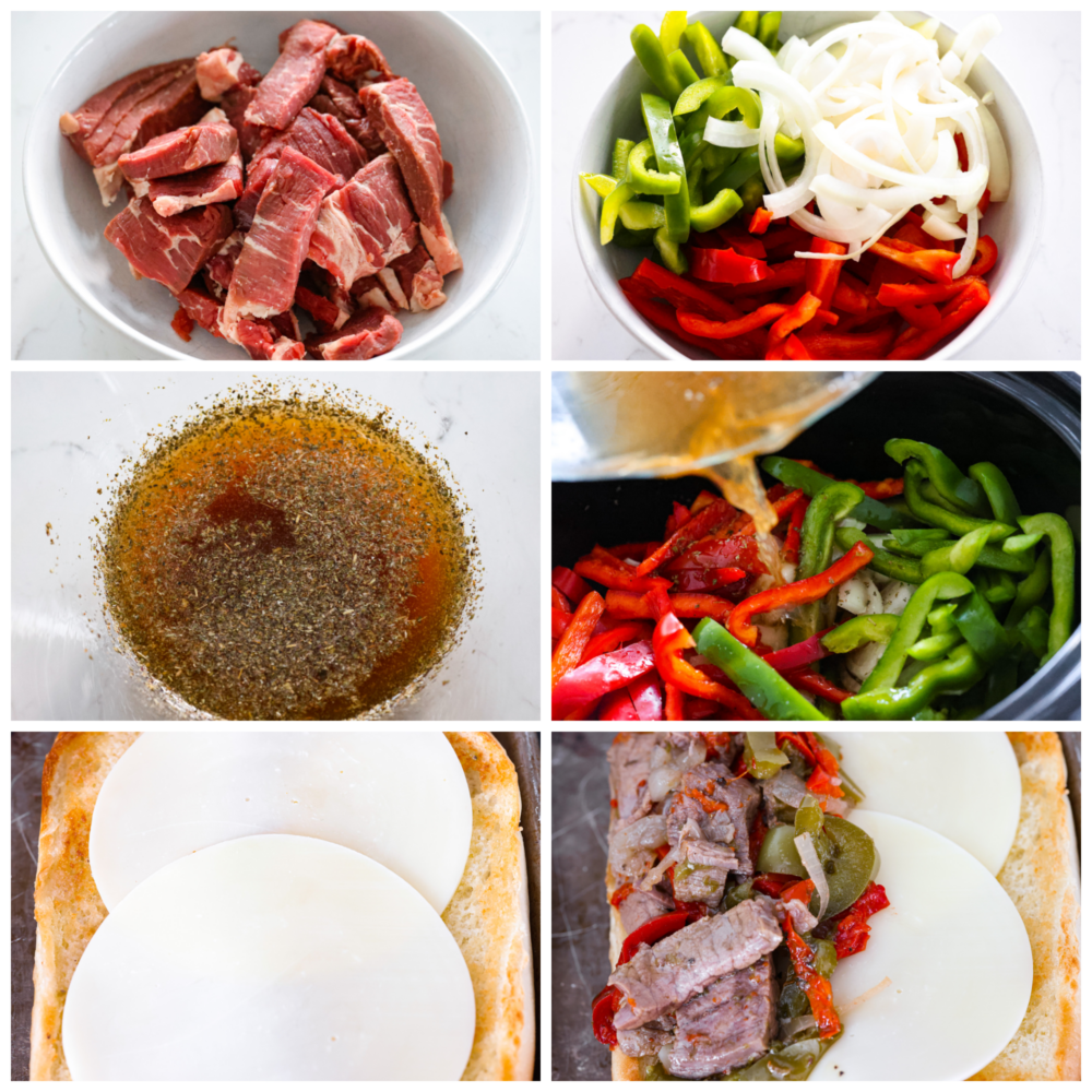 Process photos showing how to prepare the meat, the veggies, the broth, and then adding them to the crock pot.