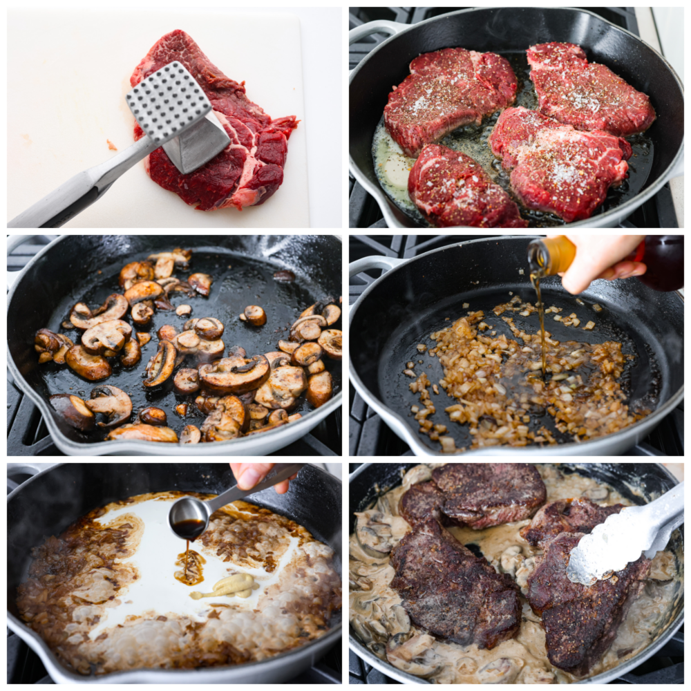 Process photos of flattening the steak, searing them, cooking the mushrooms and shallots, then making the gravy and adding the beef back in.