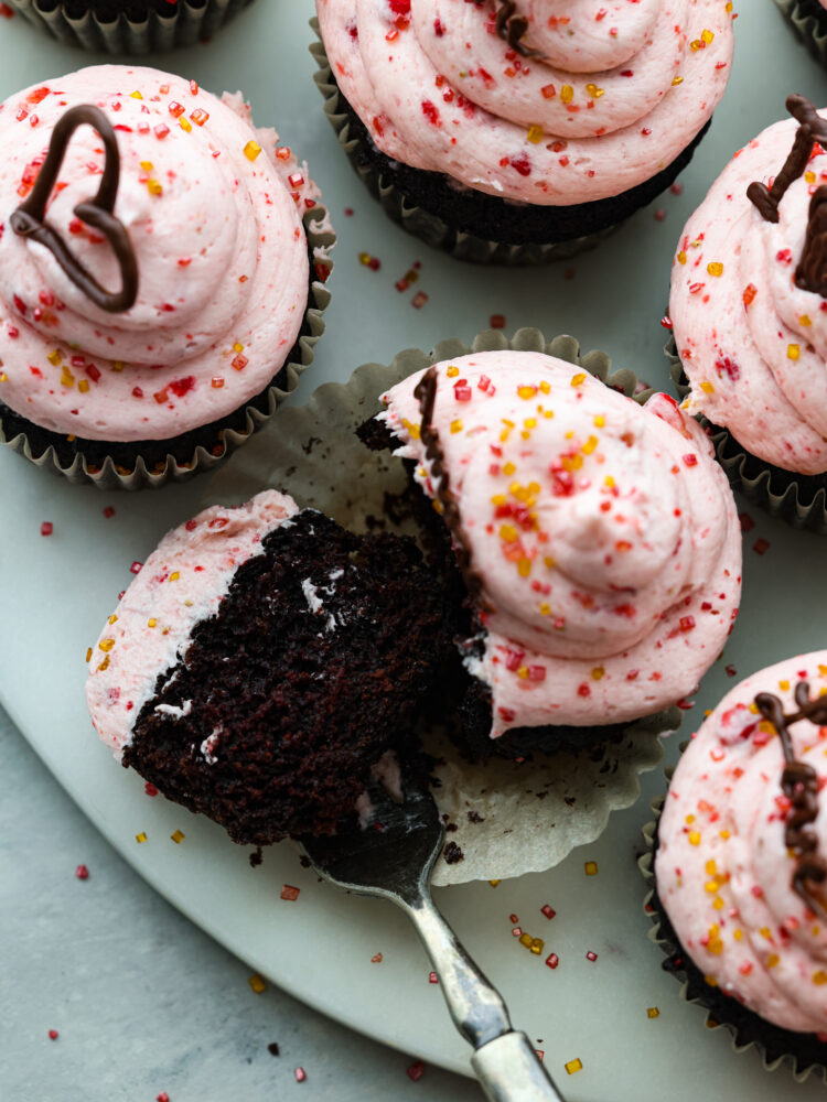 One of the Valentine's Day cupcakes cup open.