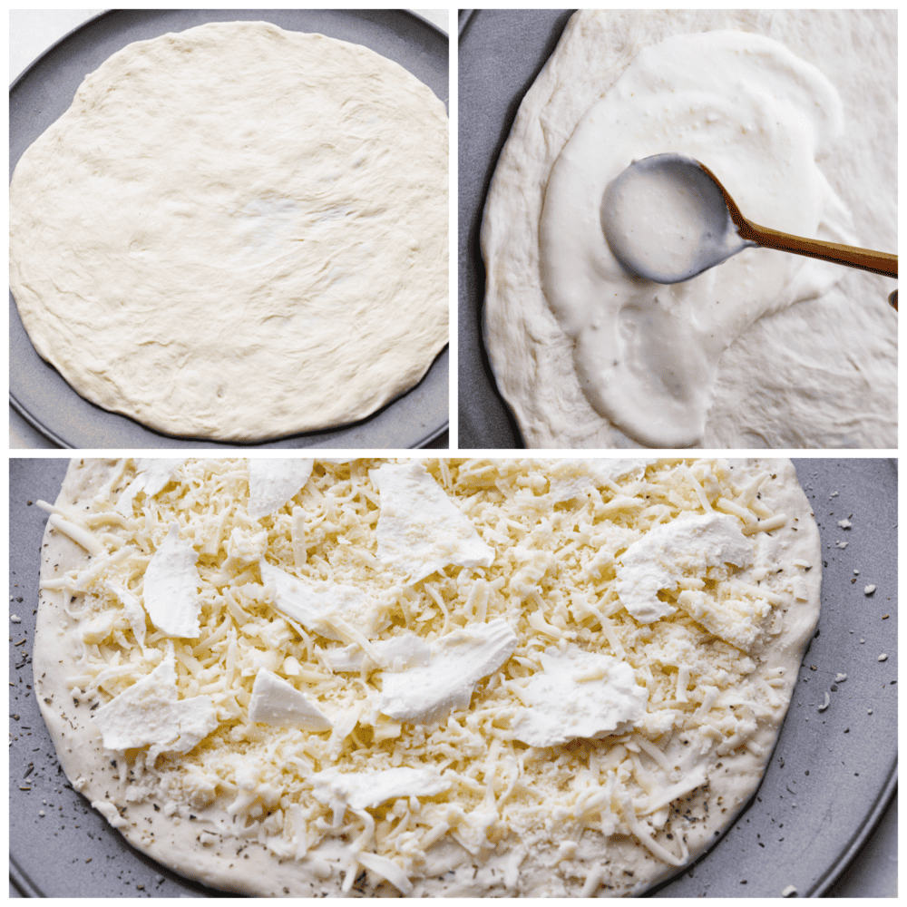 Process photos showing the dough rolled out, the sauce added on top, and then topped with cheese.