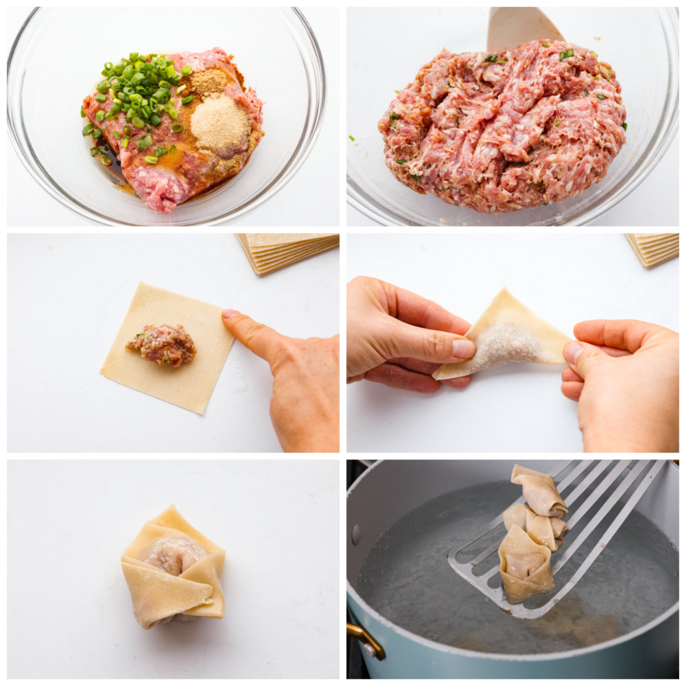 6-photo collage of pork mince being added to wonton wrappers and folded and sealed.