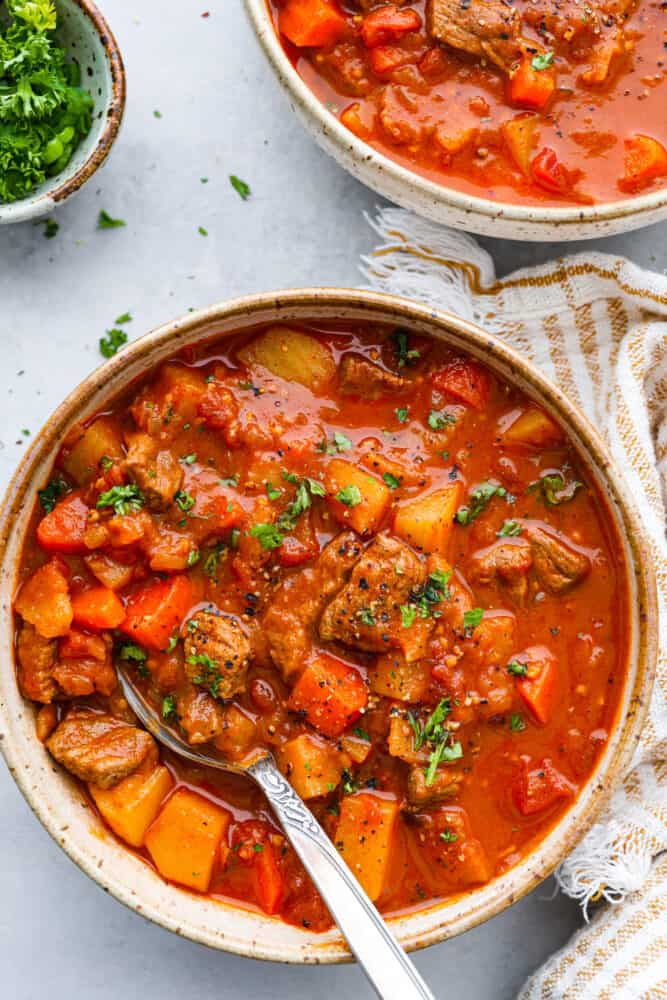 Hungarian goulash in a bowl.