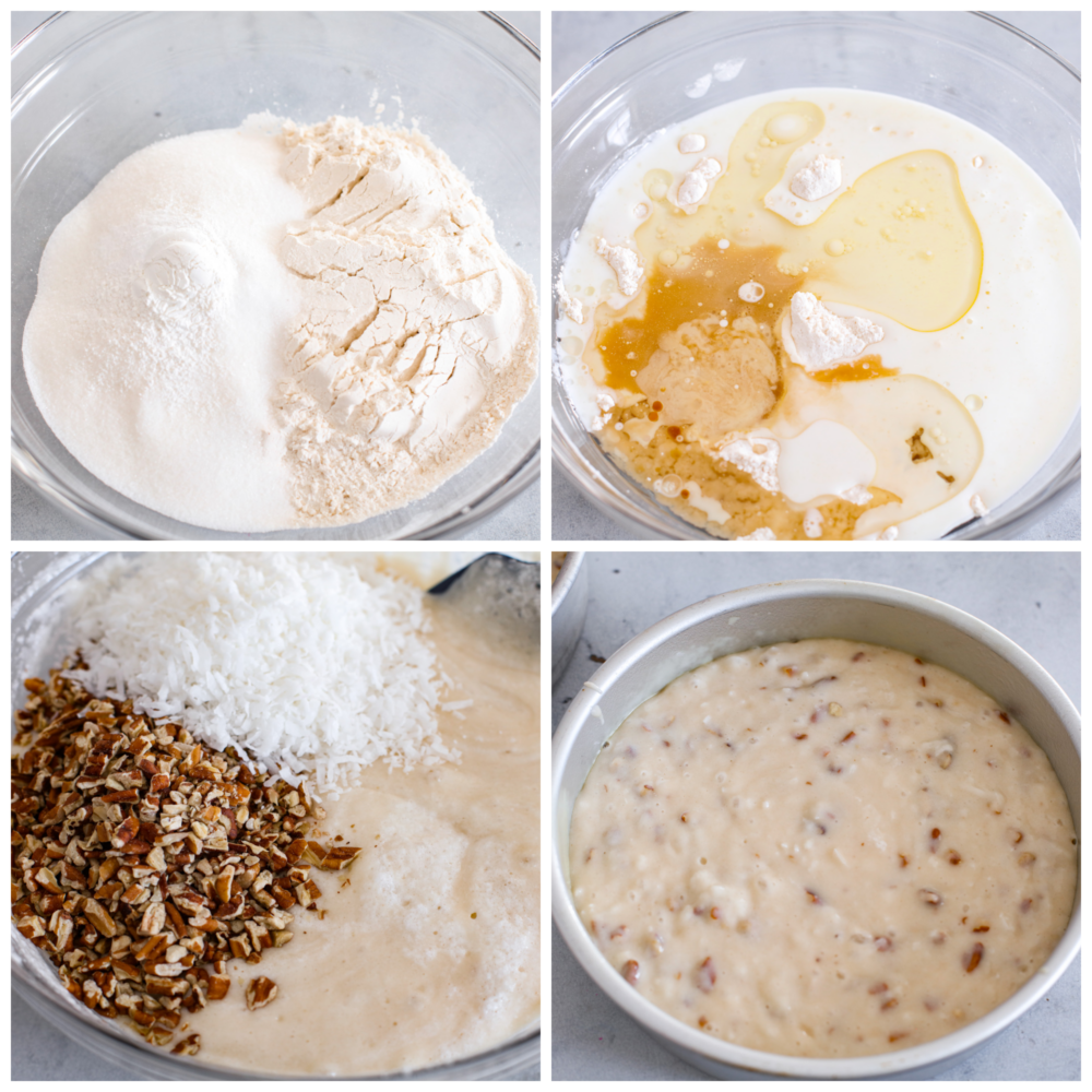 4-photo collage of the cake batter being prepared.