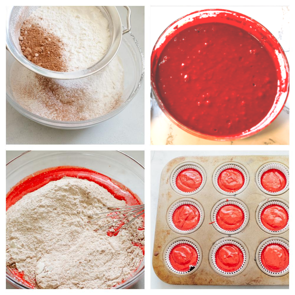 4 pictures showing how to mix up the batter with red food coloring and then add to a cupcake tin.