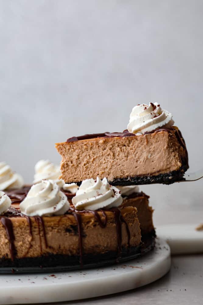 A slice of Baileys cheesecake being served with a cake spatula.