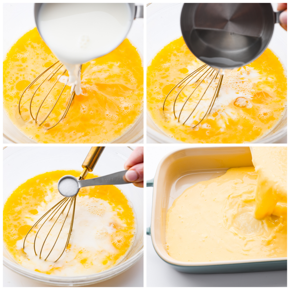 Process photos showing how to add the ingredients, mix them together, and add them to the pan.