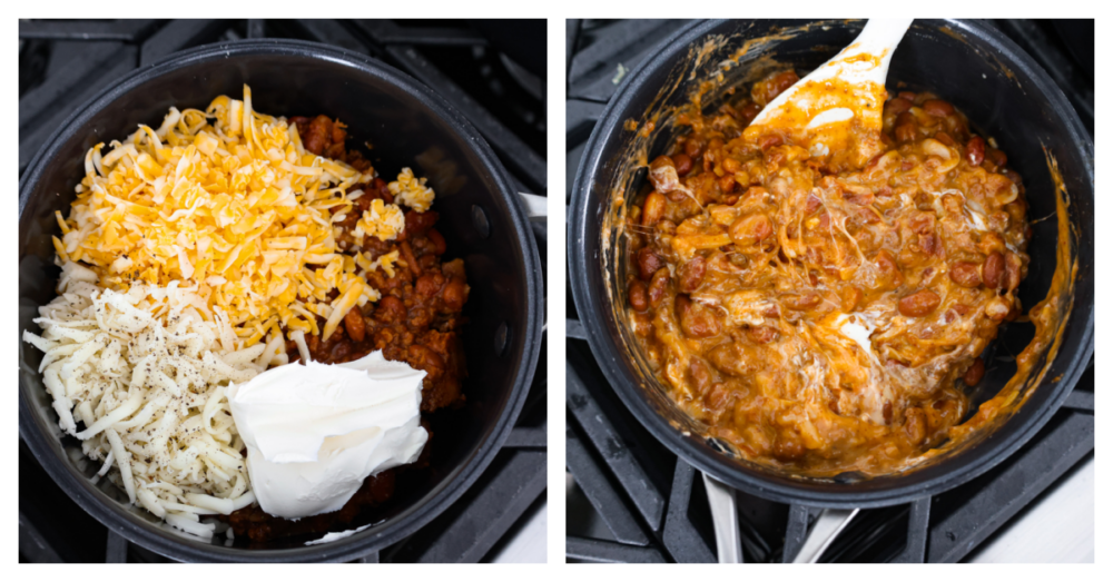 2-photo collage of dip ingredients being mixed together over the stove.